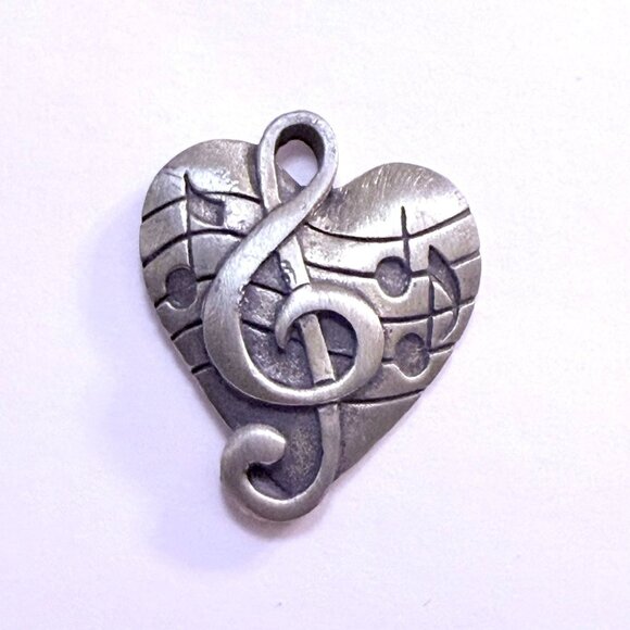 Heart Musical Note Pewter Pin Treble Clef Music Notes Musician Conductor Signed - Picture 1 of 7